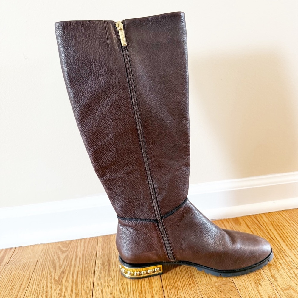 KARL LAGERFELD Seine Metal Pearl Embellished Knee-High Leather Boots Brown 8 - Picture 5 of 14